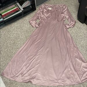 Vintage 70s ruffle bow neck dusty pink  Long Sleeve maxi Dress